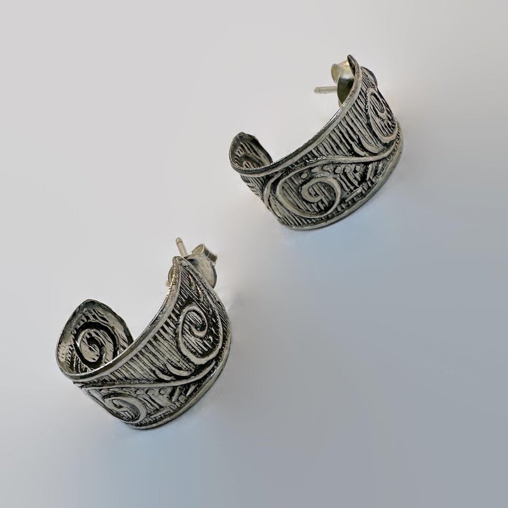 Hoop Earrings, Boho, Etched, Silver Tone, Half Hoop, Vintage, Lightweight - Picture 4 of 4